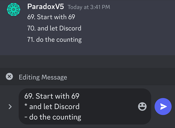 Bullet points after a numbered list start becomes numbered lines